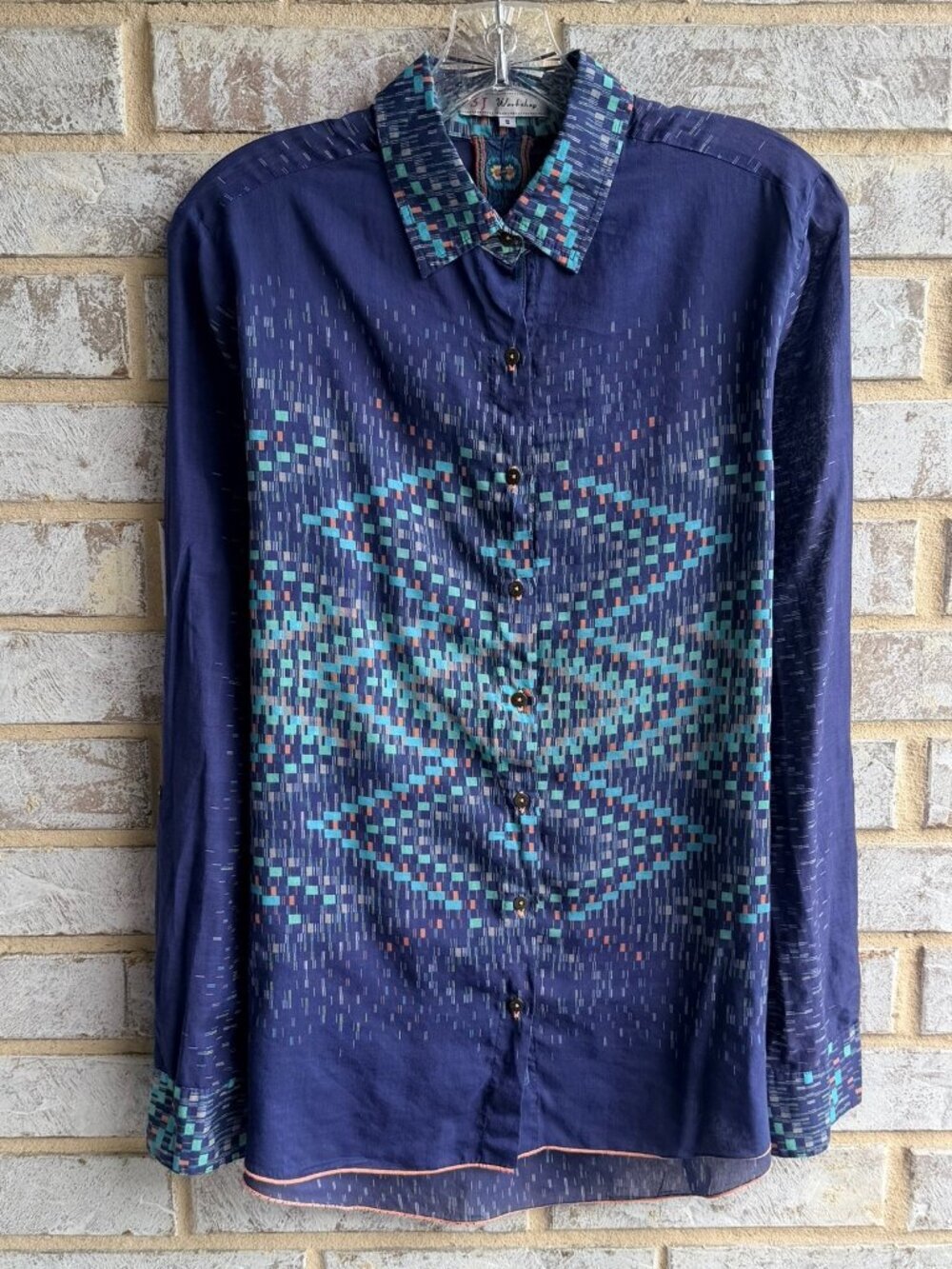 Johnny Was 3J Workshop Long Sleeve Button Up Geo Cotton/Silk Shirt Size S